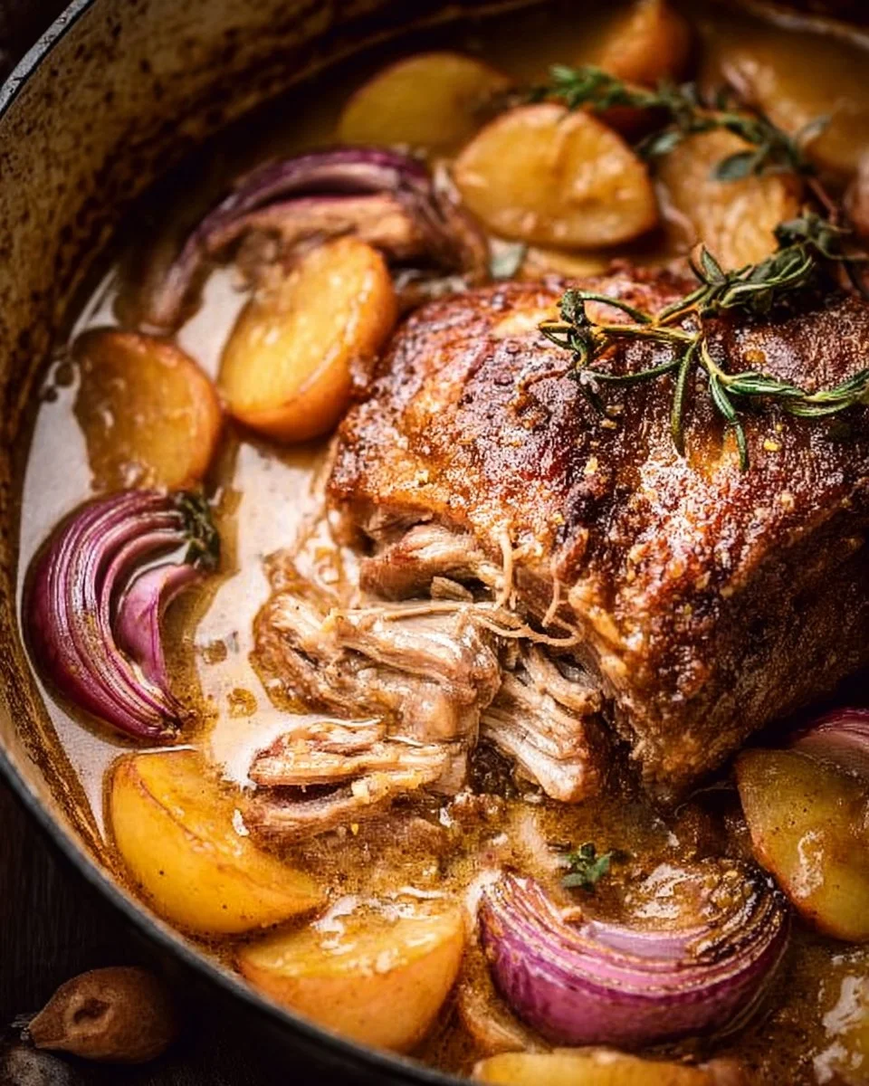 Apple Cider Braised Pork Shoulder served with seasonal vegetables