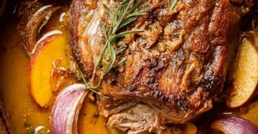 Delicious apple cider braised pork shoulder served with vegetables