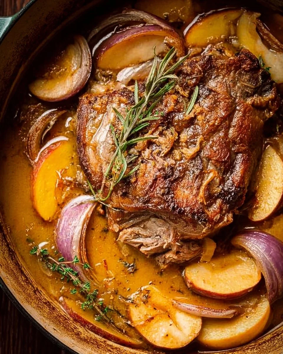 Delicious apple cider braised pork shoulder served with vegetables