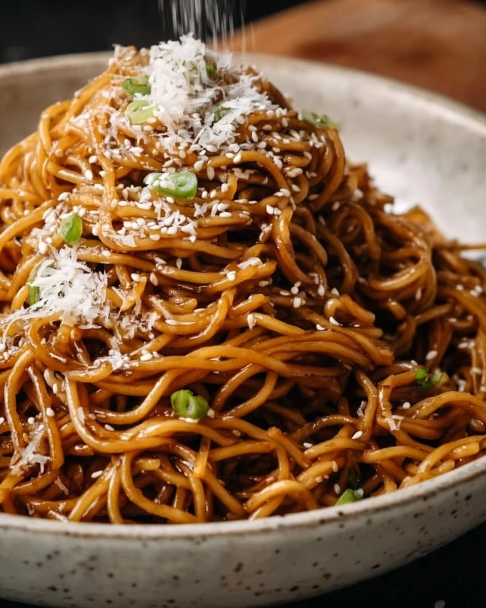 Delicious Asian Garlic Noodles served with fresh herbs and toppings