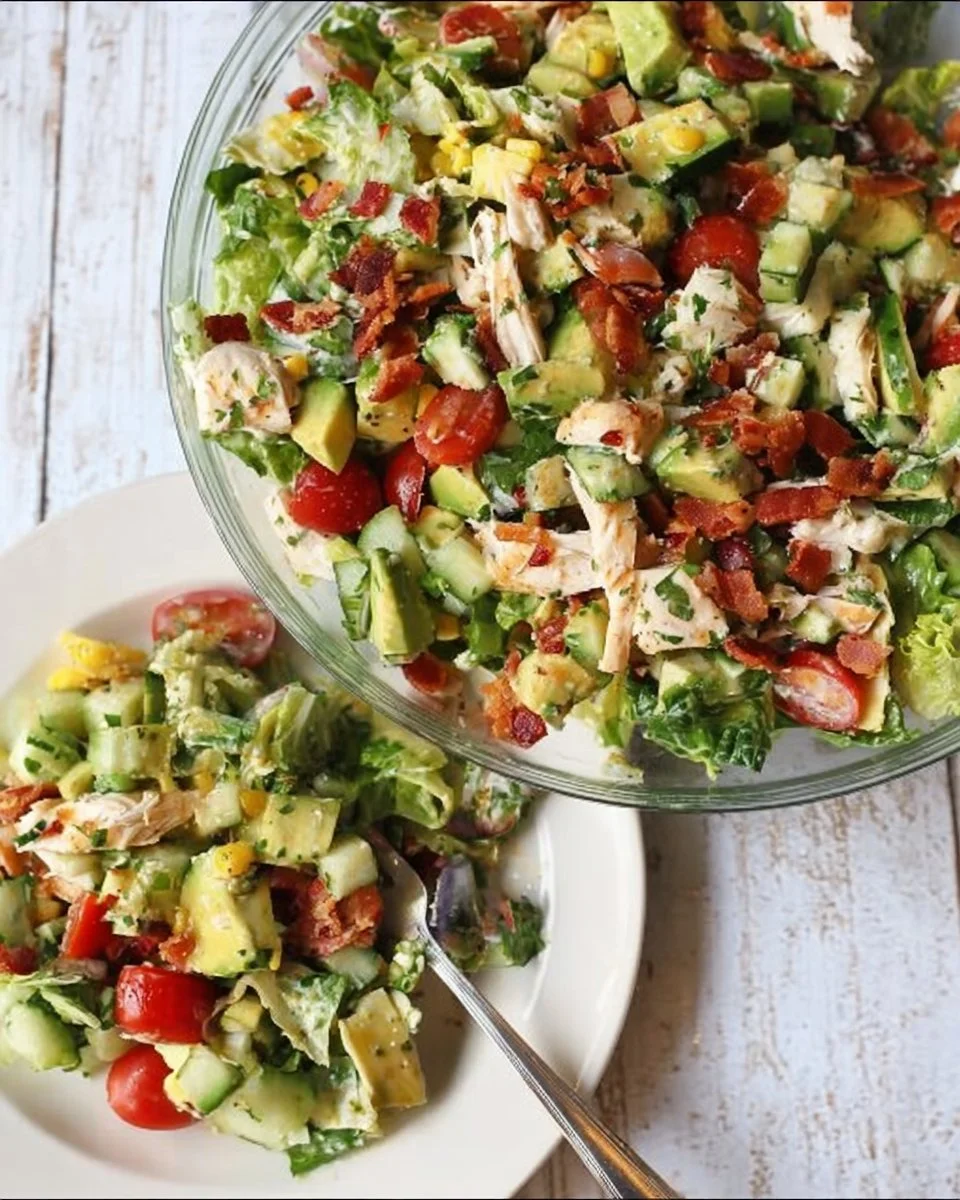 Delicious Bacon Avocado Chicken Salad served with Lemon Vinaigrette dressing