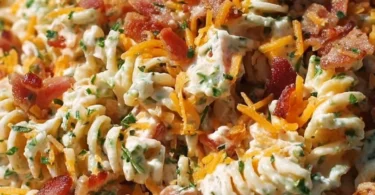 A vibrant Bacon Ranch Pasta Salad with crispy bacon and fresh vegetables