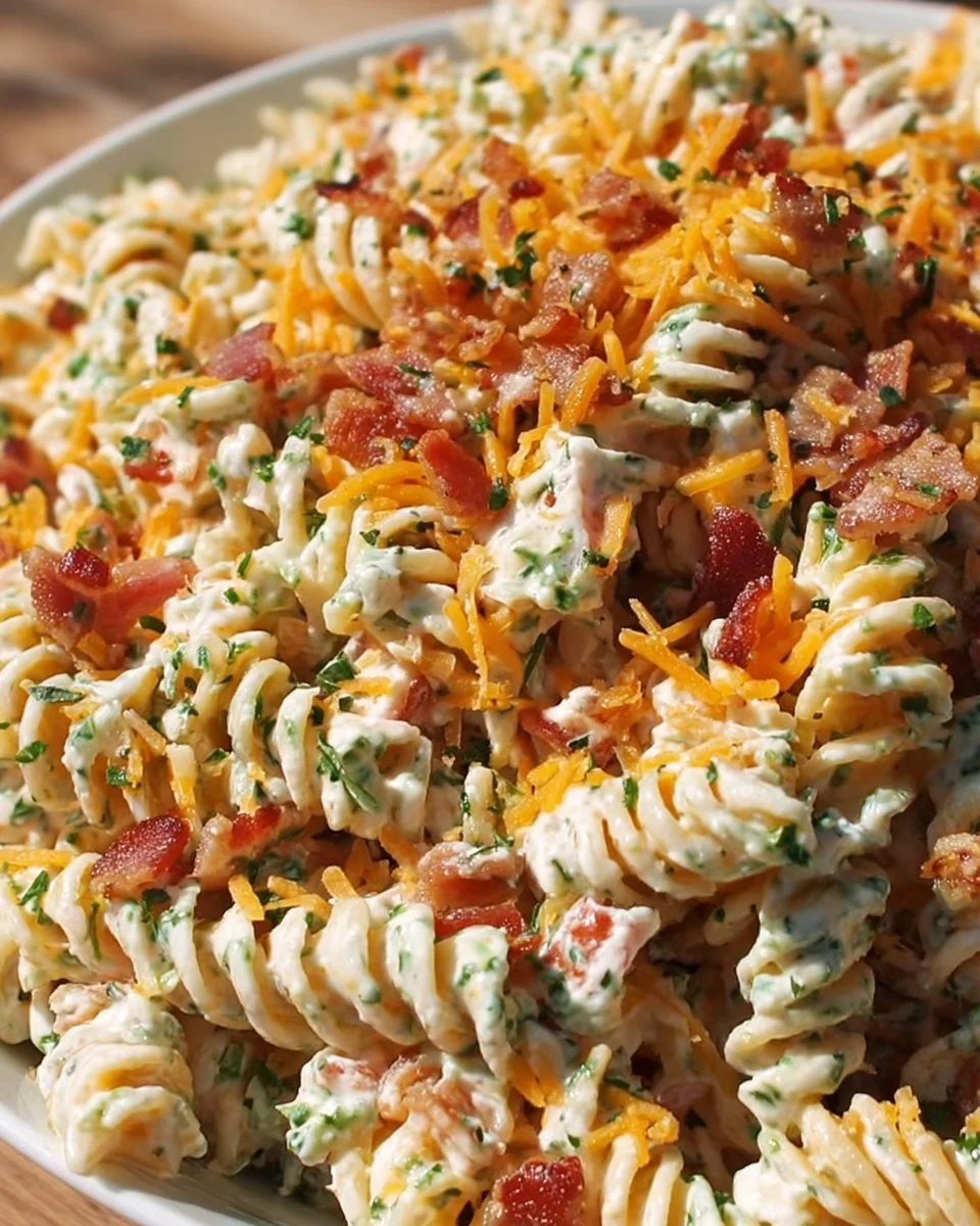 A vibrant Bacon Ranch Pasta Salad with crispy bacon and fresh vegetables