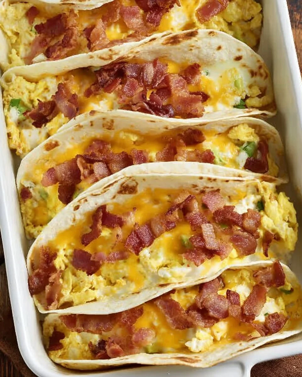 Delicious baked breakfast tacos with eggs, cheese, and toppings
