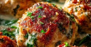 Baked Chicken Ricotta Meatballs served on a plate with sauce and herbs