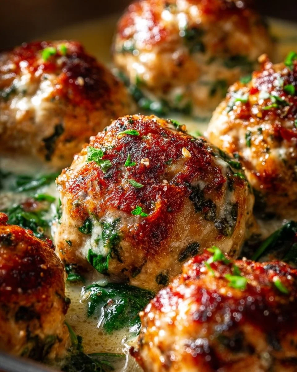 Baked Chicken Ricotta Meatballs served on a plate with sauce and herbs