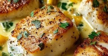 Baked cod fillets in a creamy coconut lemon sauce garnished with herbs.