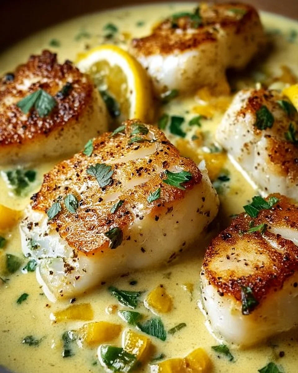 Baked cod fillets in a creamy coconut lemon sauce garnished with herbs.