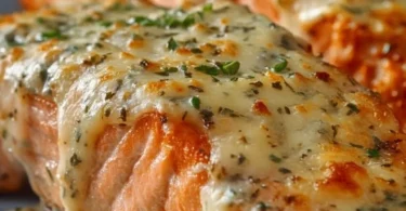 Baked salmon topped with mayo and cheese, a delicious recipe for seafood lovers.