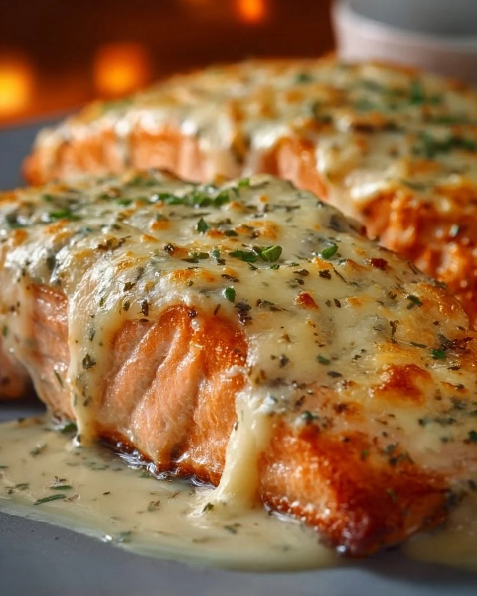 Baked salmon topped with mayo and cheese, a delicious recipe for seafood lovers.