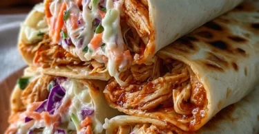 BBQ chicken coleslaw wraps ready to serve on a plate