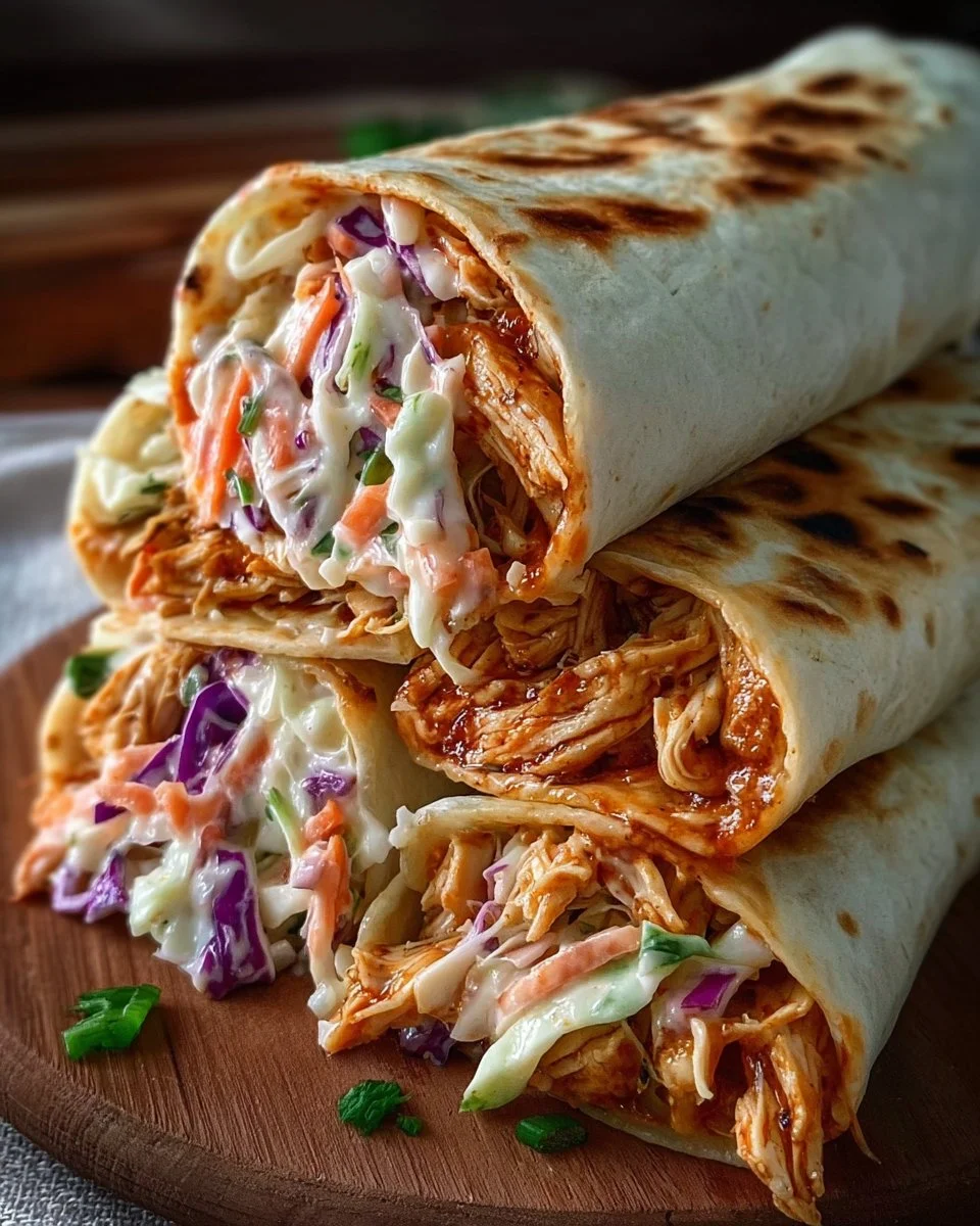 BBQ chicken coleslaw wraps ready to serve on a plate