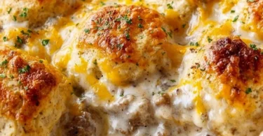 Delicious Biscuits and Gravy Casserole served on a plate