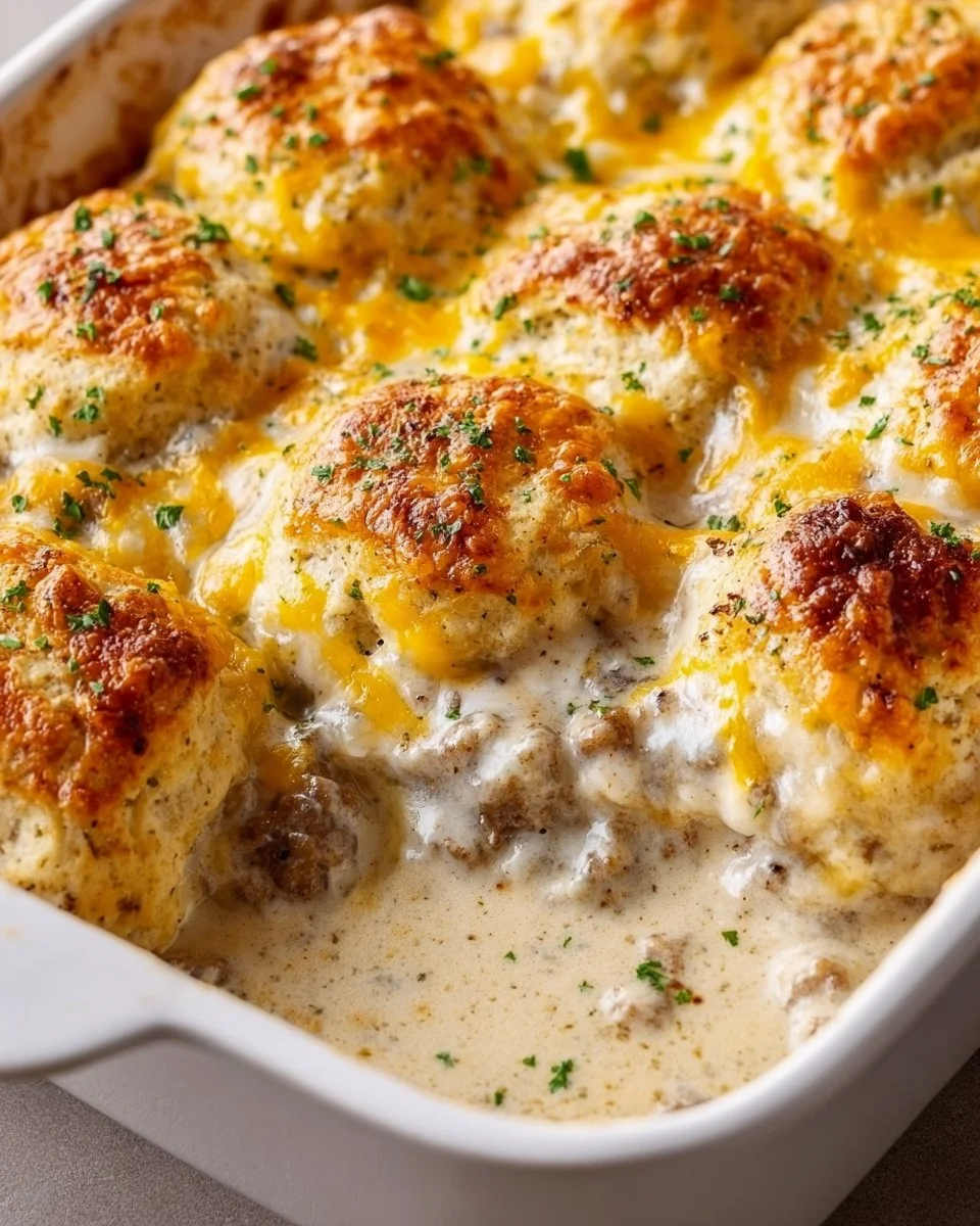 Delicious Biscuits and Gravy Casserole served on a plate