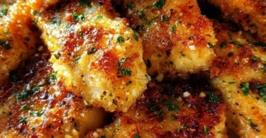 Delicious Blackstone Garlic Parmesan Chicken on a plate garnished with herbs.