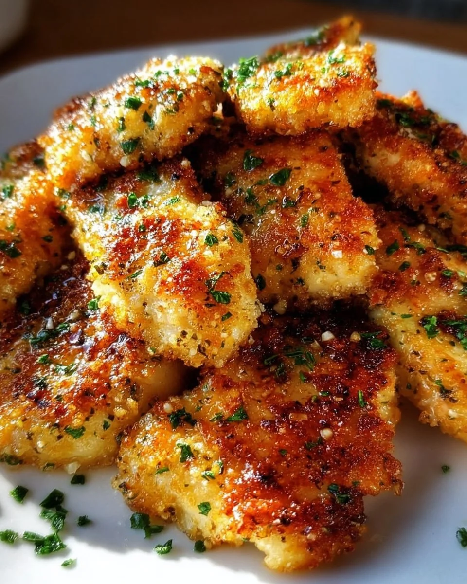 Delicious Blackstone Garlic Parmesan Chicken on a plate garnished with herbs.