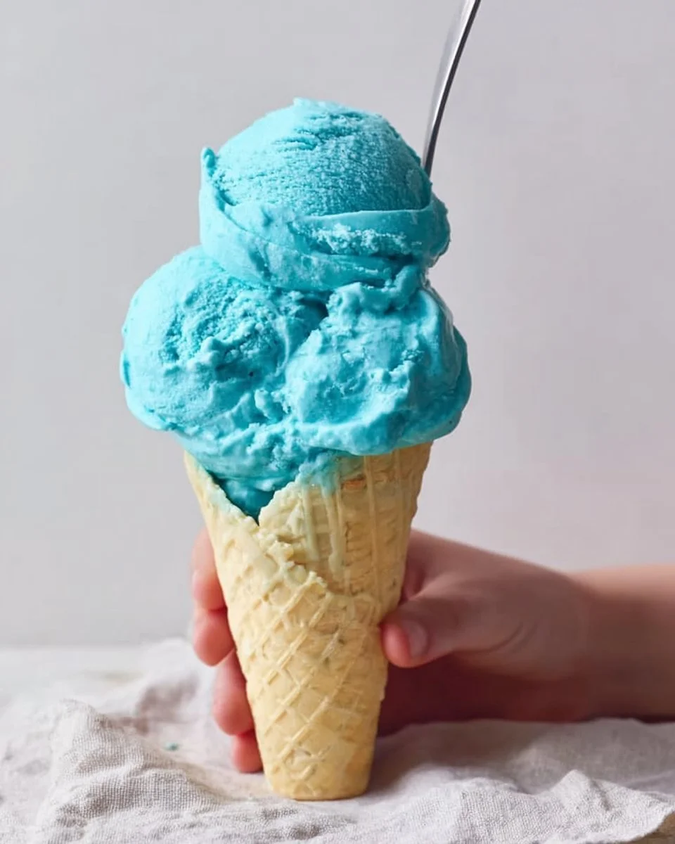 A scoop of Blue Moon Ice Cream in a vibrant blue color in a waffle cone