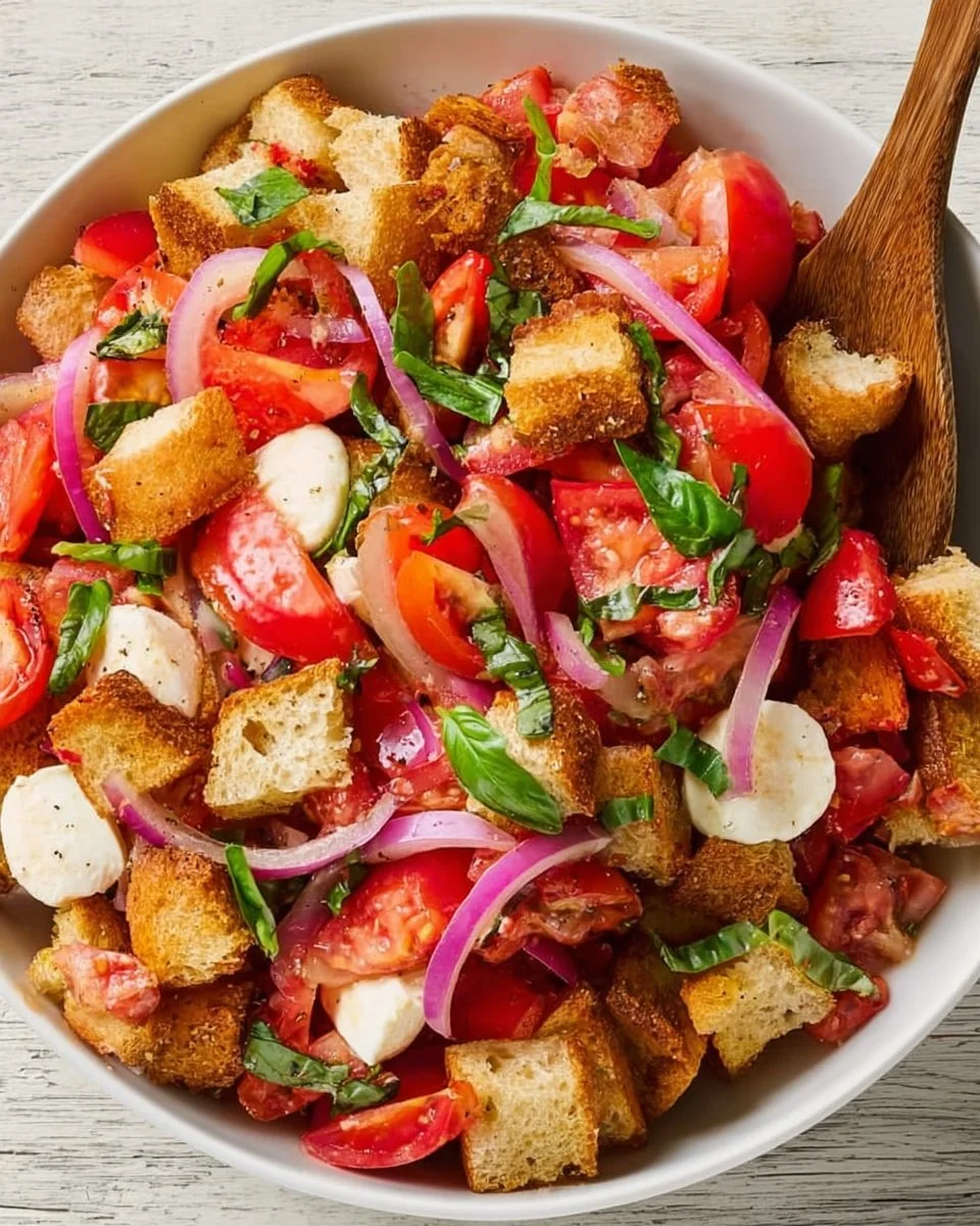 Colorful and fresh bread salad with vegetables and dressing