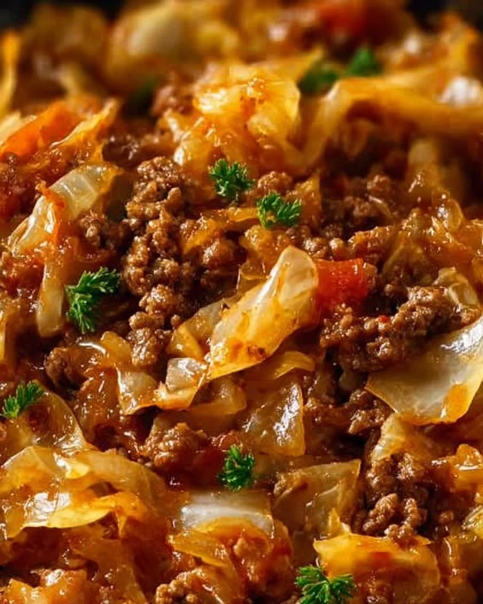 Delicious cabbage and ground beef dish served on a plate.