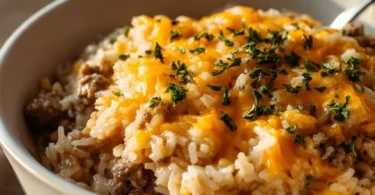 Cheesy Ground Beef and Rice Casserole served in a baking dish