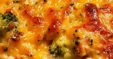 Creamy Chicken Broccoli Casserole topped with cheese in a baking dish
