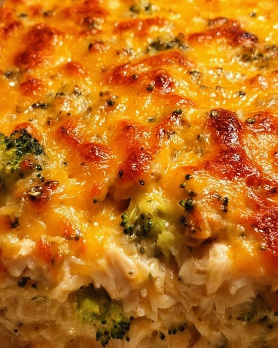 Creamy Chicken Broccoli Casserole topped with cheese in a baking dish