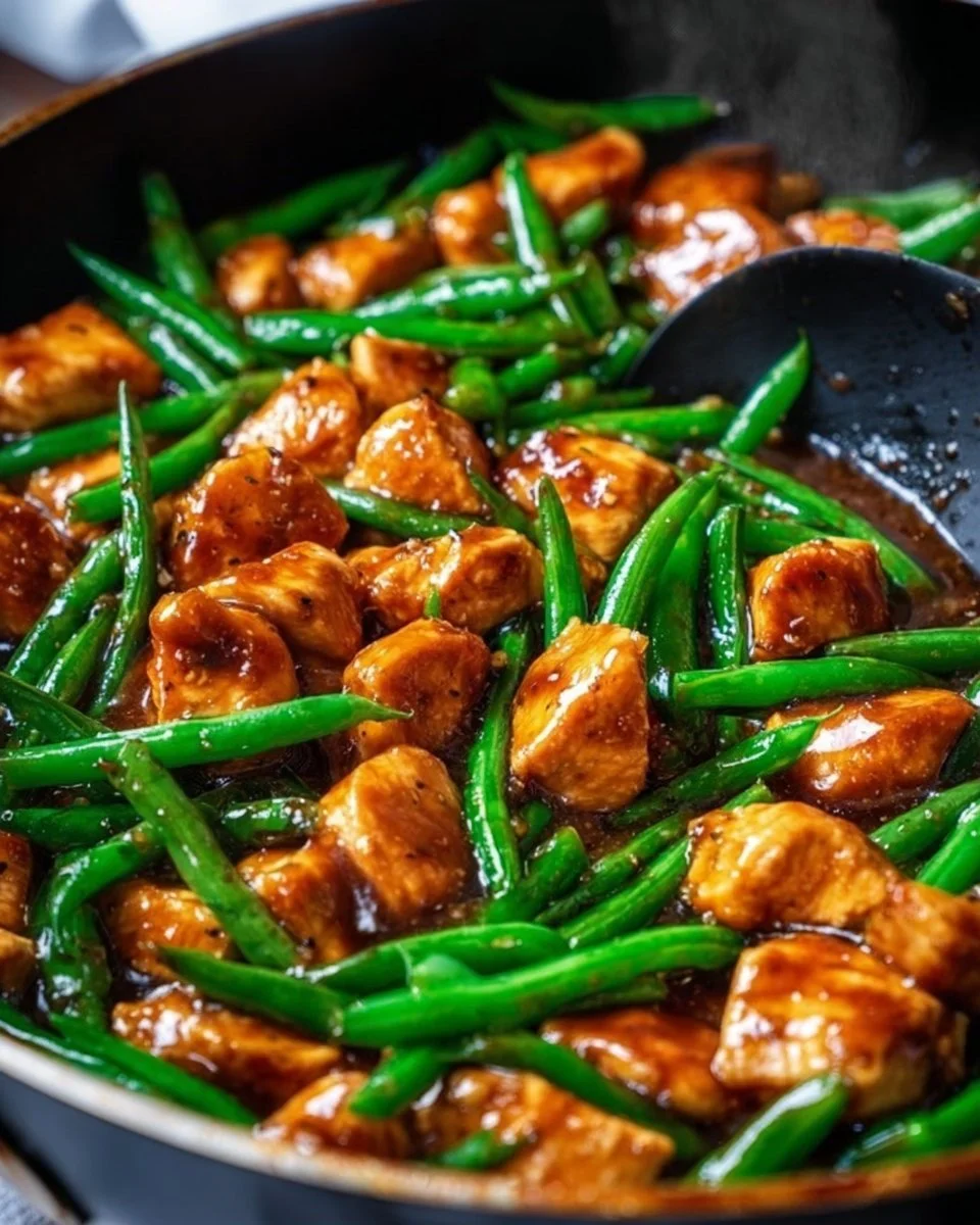Delicious chicken breast served with fresh green beans on a plate