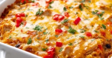 Delicious chicken fajita casserole topped with cheese and colorful peppers