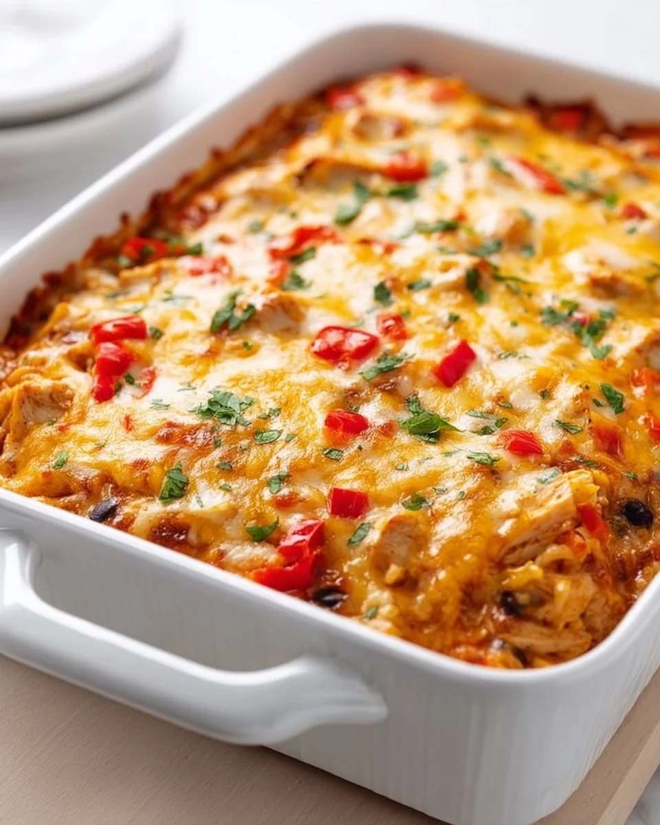 Delicious chicken fajita casserole topped with cheese and colorful peppers