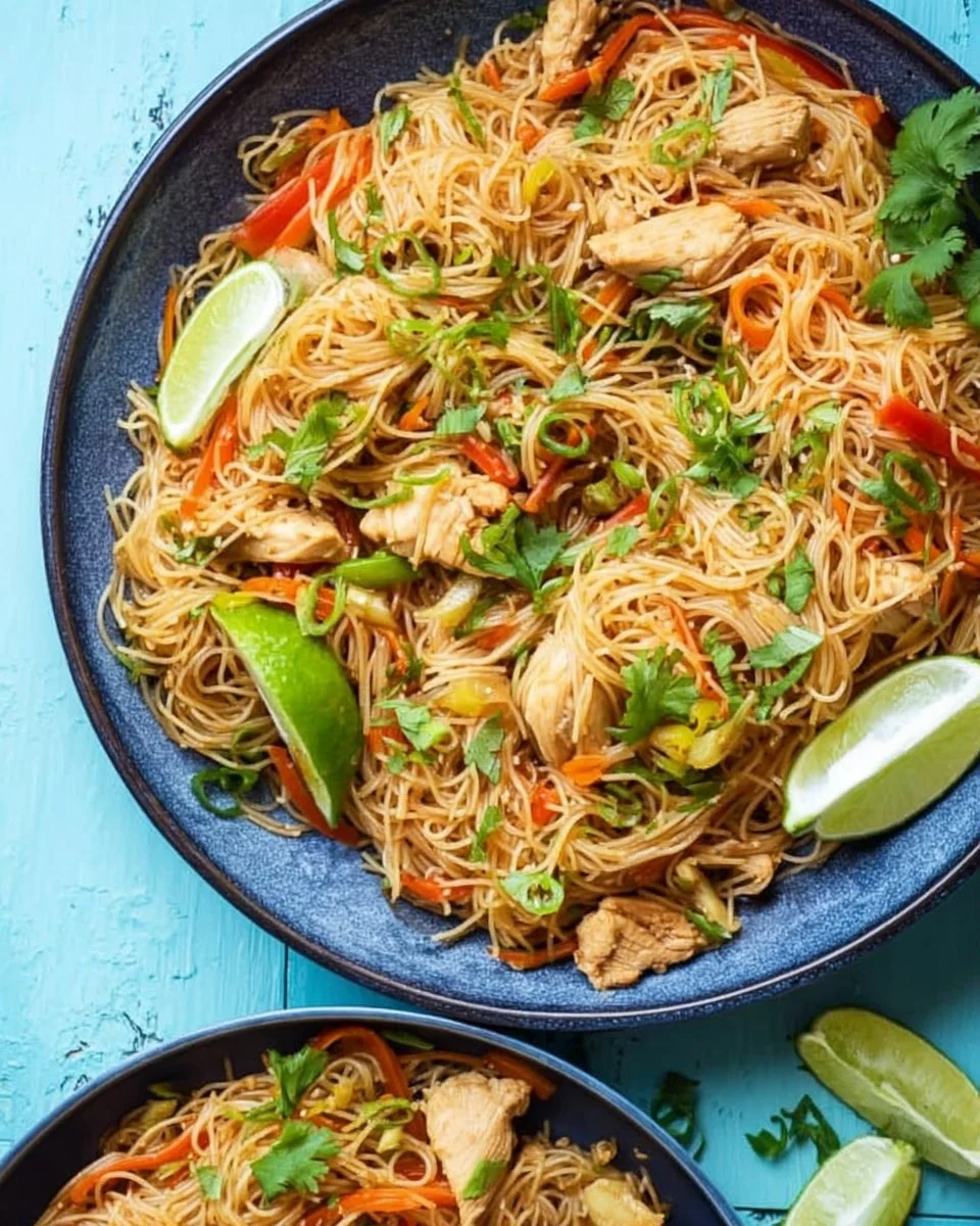 Bowl of Chicken Vermicelli Noodles garnished with fresh herbs and vegetables