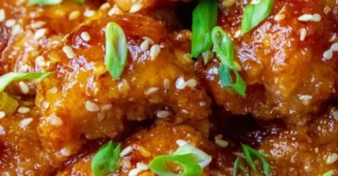 Plate of Chinese Honey Garlic Chicken garnished with green onions