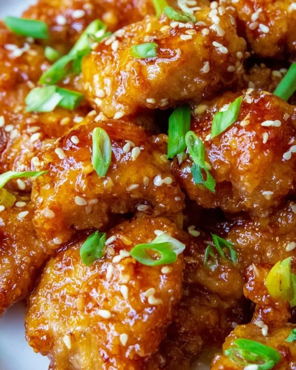 Plate of Chinese Honey Garlic Chicken garnished with green onions