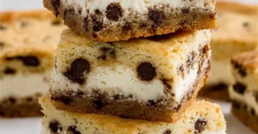Delicious chocolate chip cheesecake bars on a plate