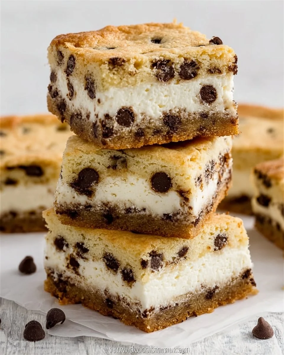 Delicious chocolate chip cheesecake bars on a plate