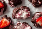Chocolate Strawberry Yogurt Clusters recipe with fresh strawberries and chocolate.