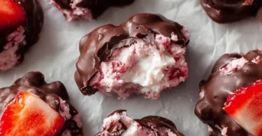 Chocolate Strawberry Yogurt Clusters recipe with fresh strawberries and chocolate.