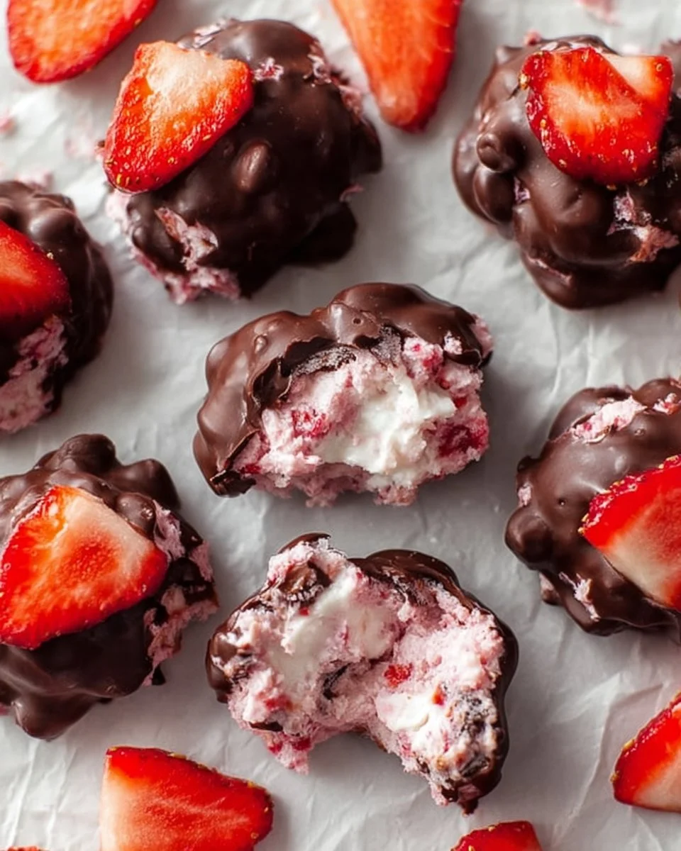 Chocolate Strawberry Yogurt Clusters recipe with fresh strawberries and chocolate.