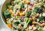Chopped broccoli and chickpea salad drizzled with lemon tahini dressing