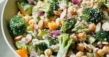 Chopped broccoli and chickpea salad drizzled with lemon tahini dressing