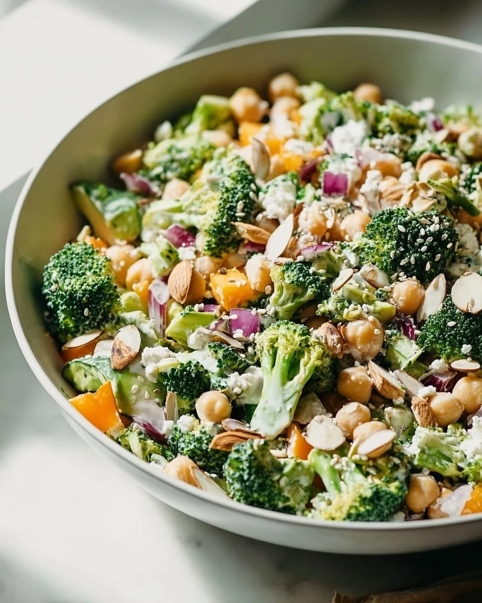 Chopped broccoli and chickpea salad drizzled with lemon tahini dressing