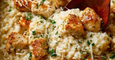 Plate of classic garlic parmesan chicken served with rice