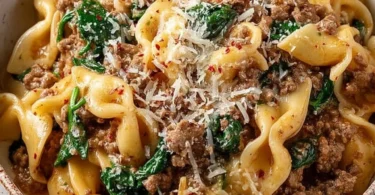 Comforting crockpot ground beef pasta dish ready to serve