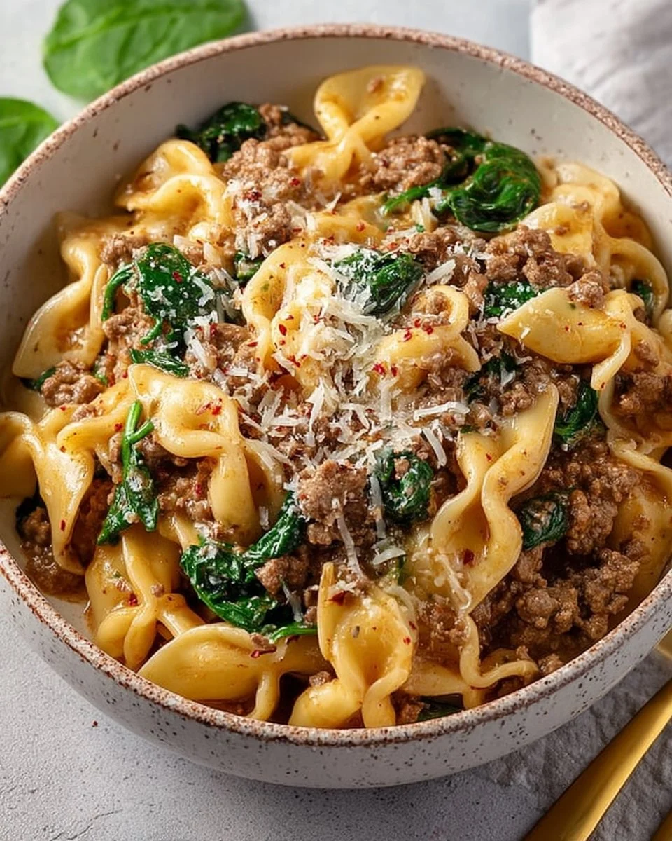 Comforting crockpot ground beef pasta dish ready to serve