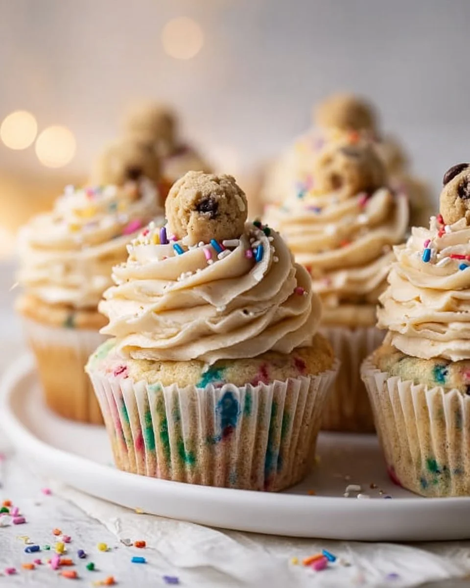 Delicious Cookie Dough Cupcakes topped with cookie dough and chocolate frosting