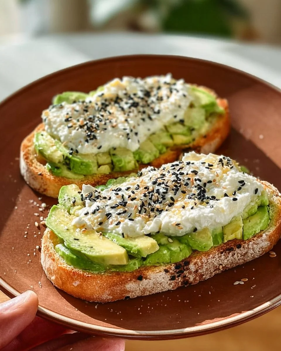 Delicious avocado toast topped with cottage cheese and fresh herbs