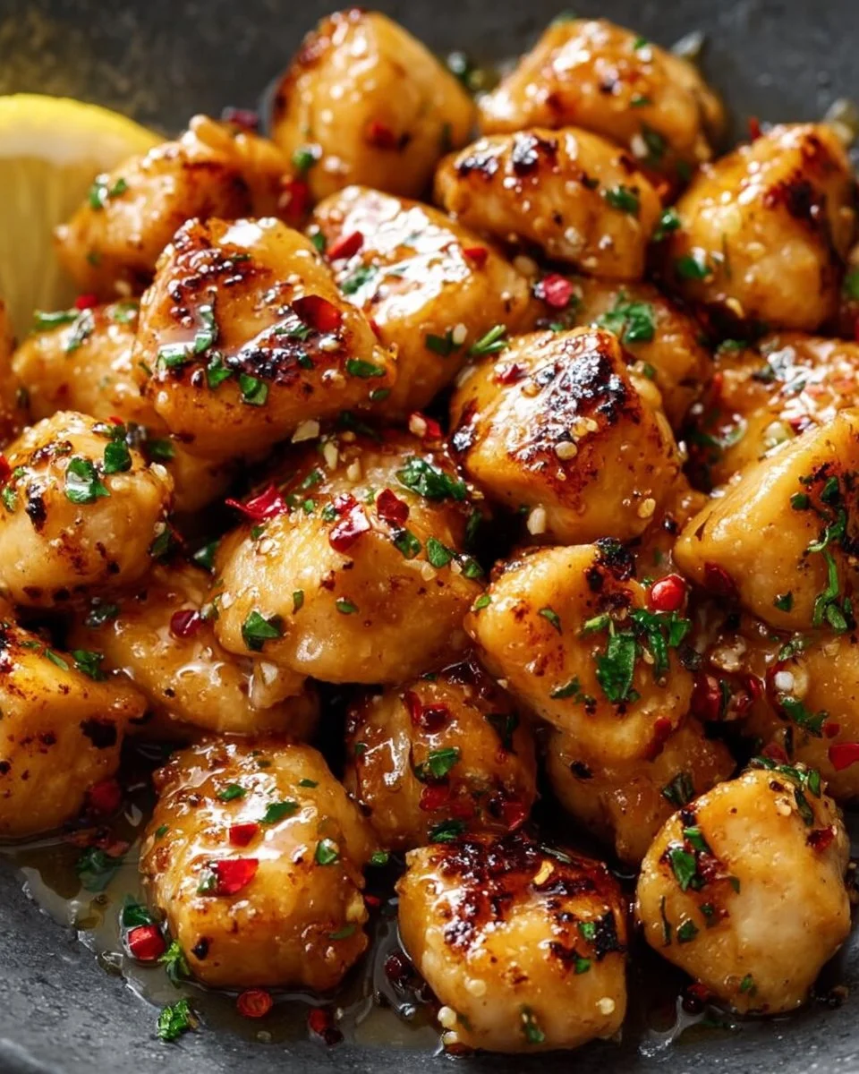 Plate of Cowboy Butter Chicken Bites, a bold and buttery dish, served with herbs.