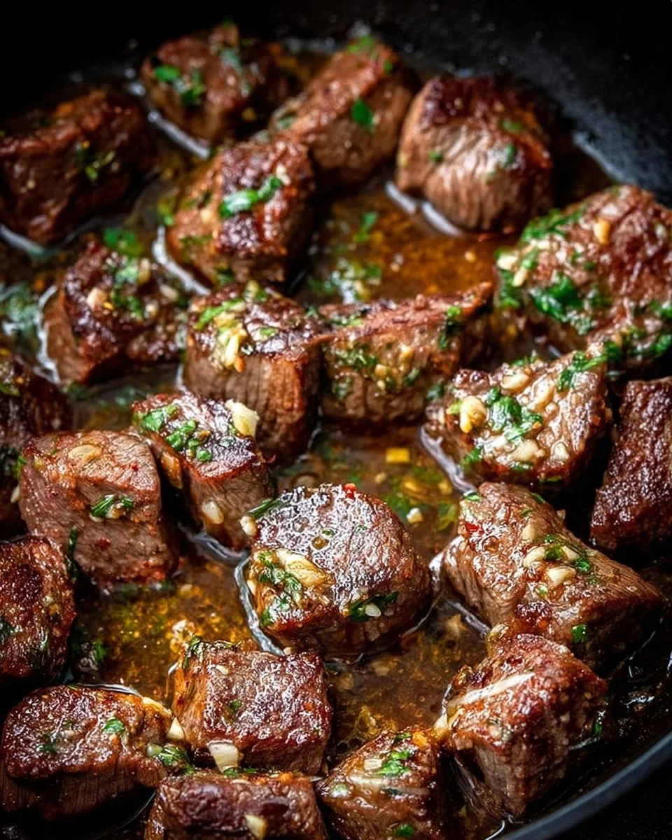Delicious Cowboy Butter Steak Bites served with herbs and seasoning