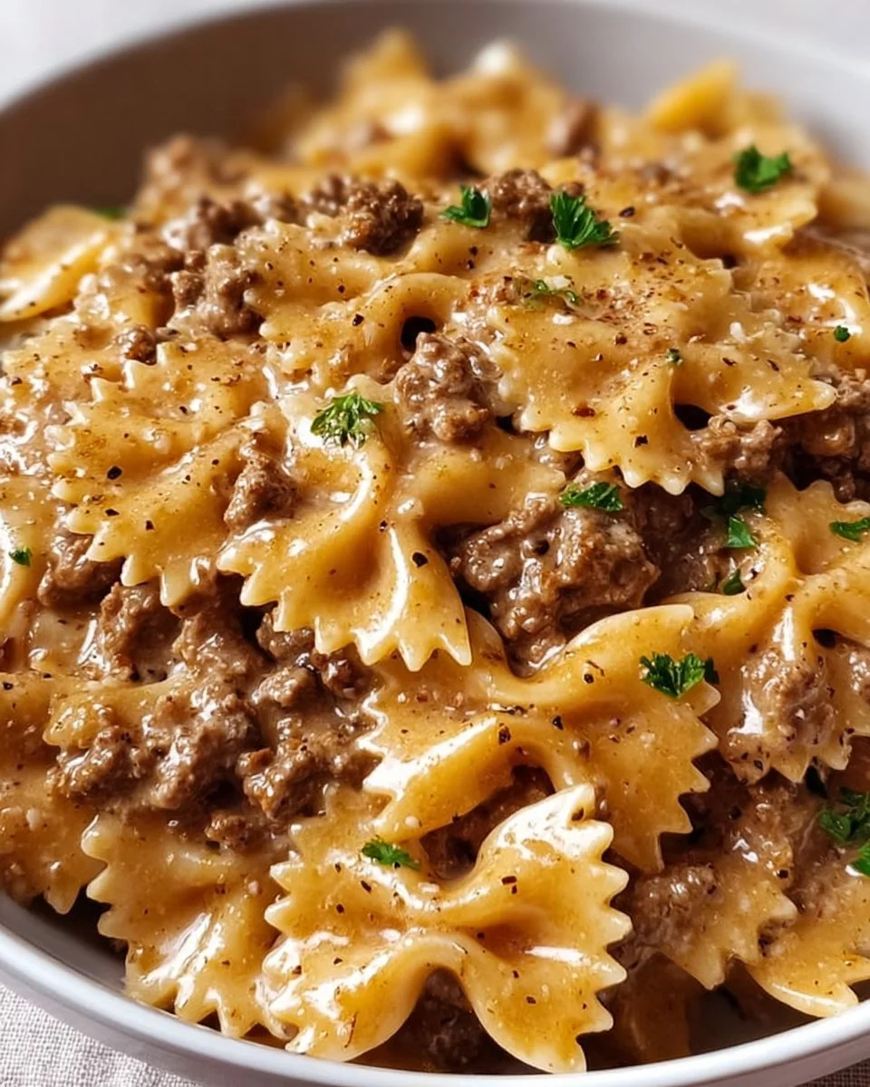 Creamy beef pasta dish garnished with herbs, served in a bowl.