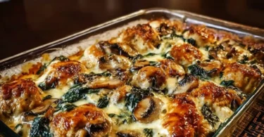 Creamy low carb chicken bake with spinach and mushrooms in a casserole dish.