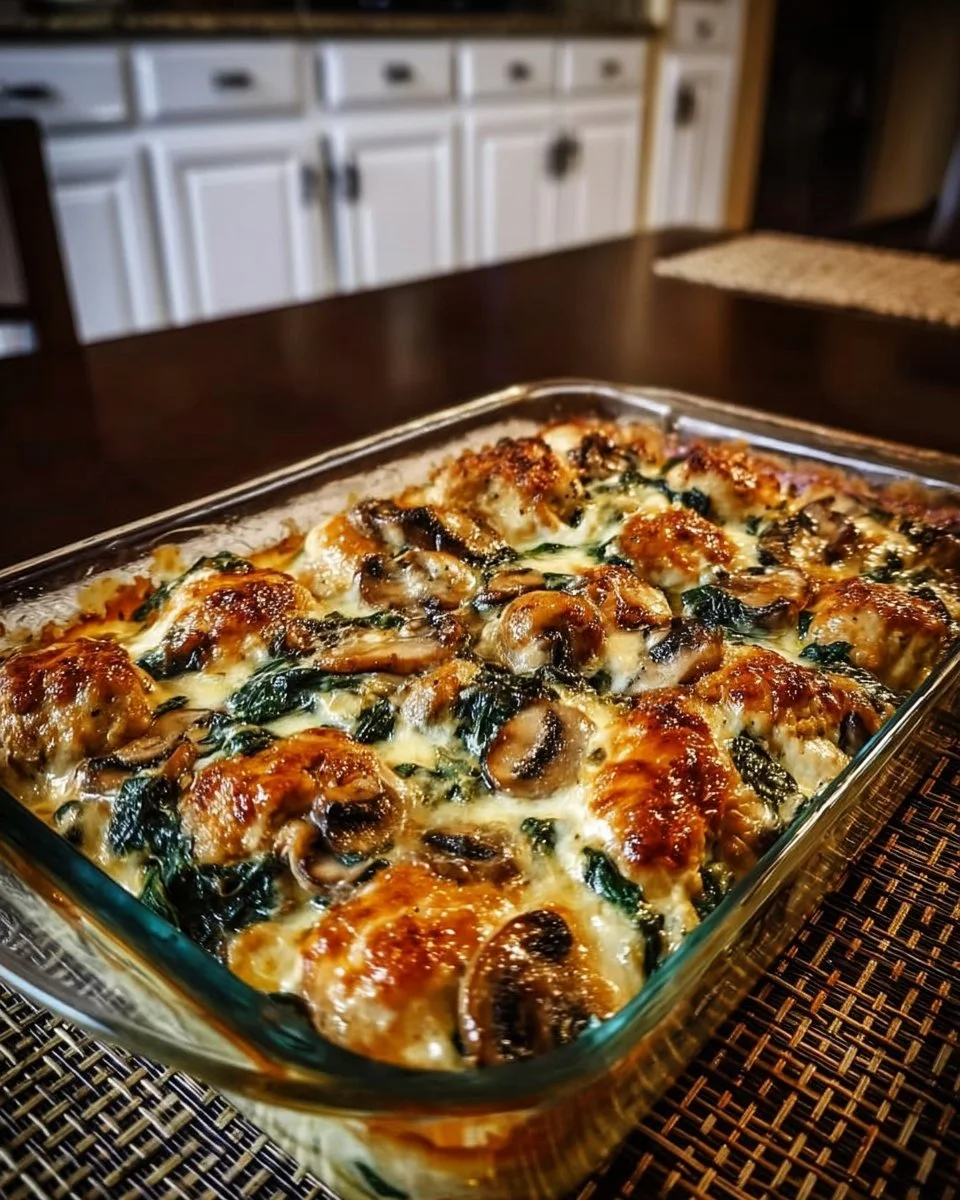 Creamy low carb chicken bake with spinach and mushrooms in a casserole dish.